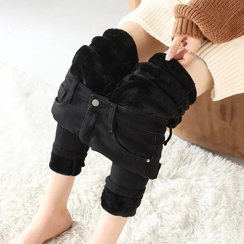 Women Thermal Jeans Fleece Lined Warm Stretch Slim Fit Pants Korean