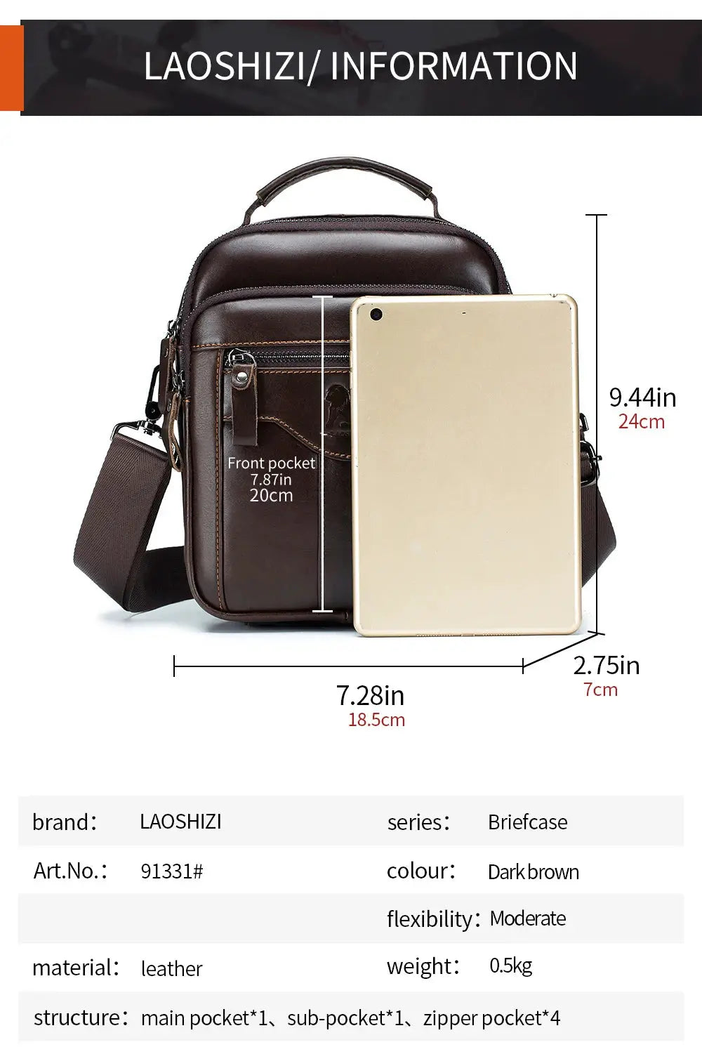 Simples Market men's dark brown leather crossbody bag with front pocket and adjustable strap