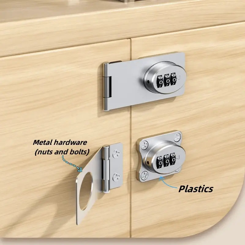 Simples Market mechanical password lock; two silver metal door latches for wood cabinets.