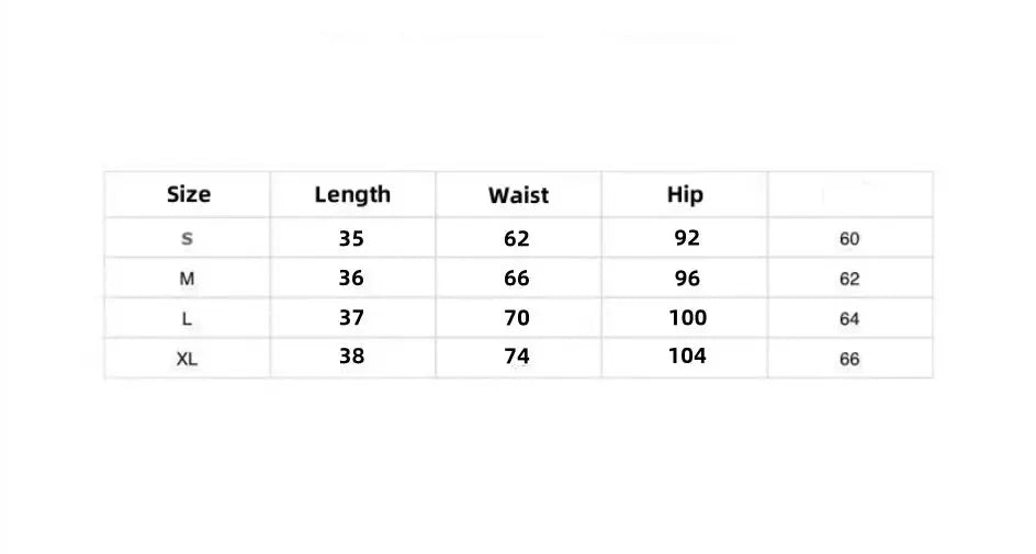 Casual women's high-waist A-line shorts size chart from Simples Market showing length, waist and hip for S–XL.