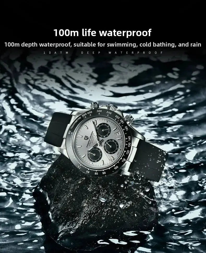 PAGANI DESIGN 40mm V2 men's chronograph watch with stainless steel case and black rubber strap, waterproof.