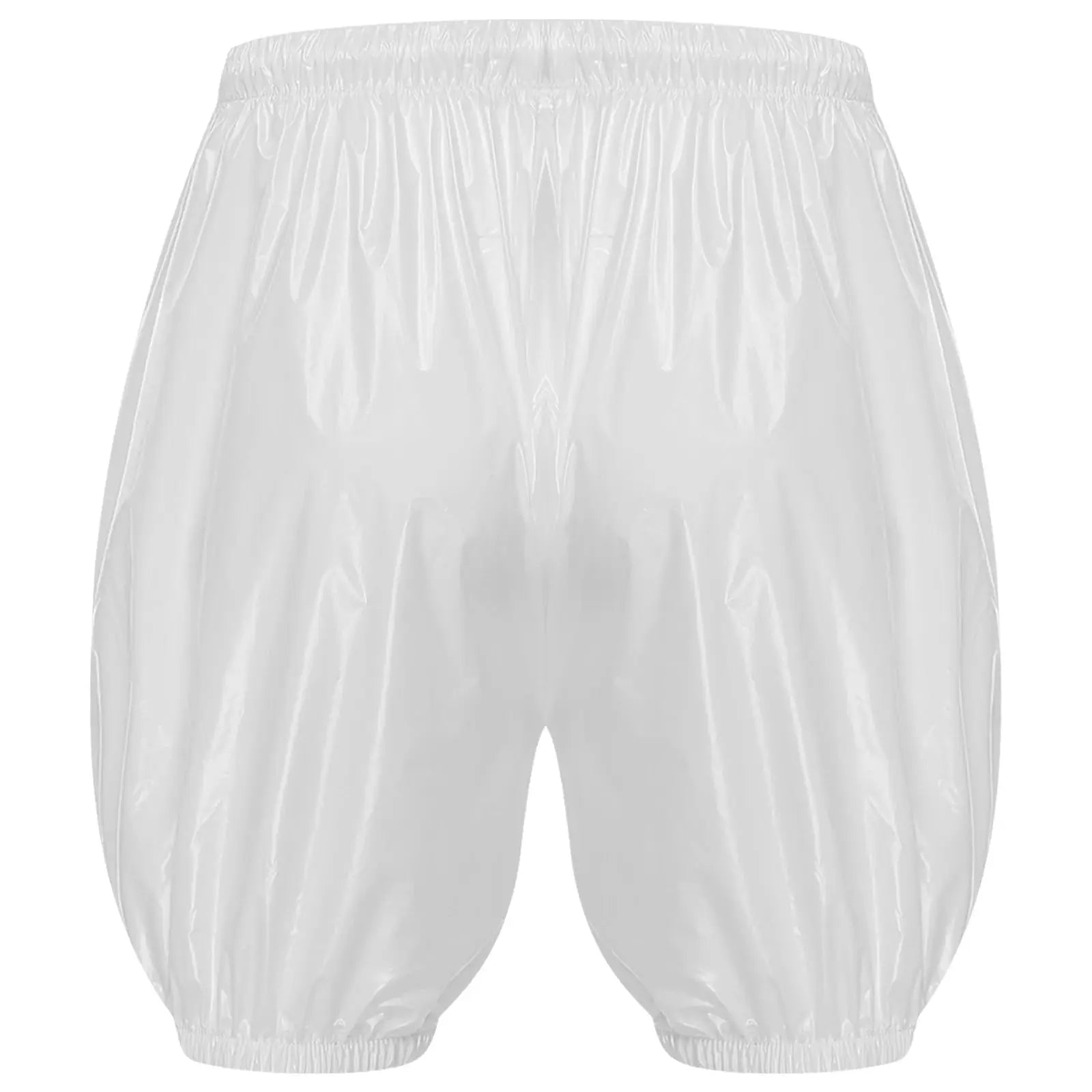 Adult waterproof diaper cover shorts in white plastic, reusable and leak-proof; elastic waist and leg cuffs.