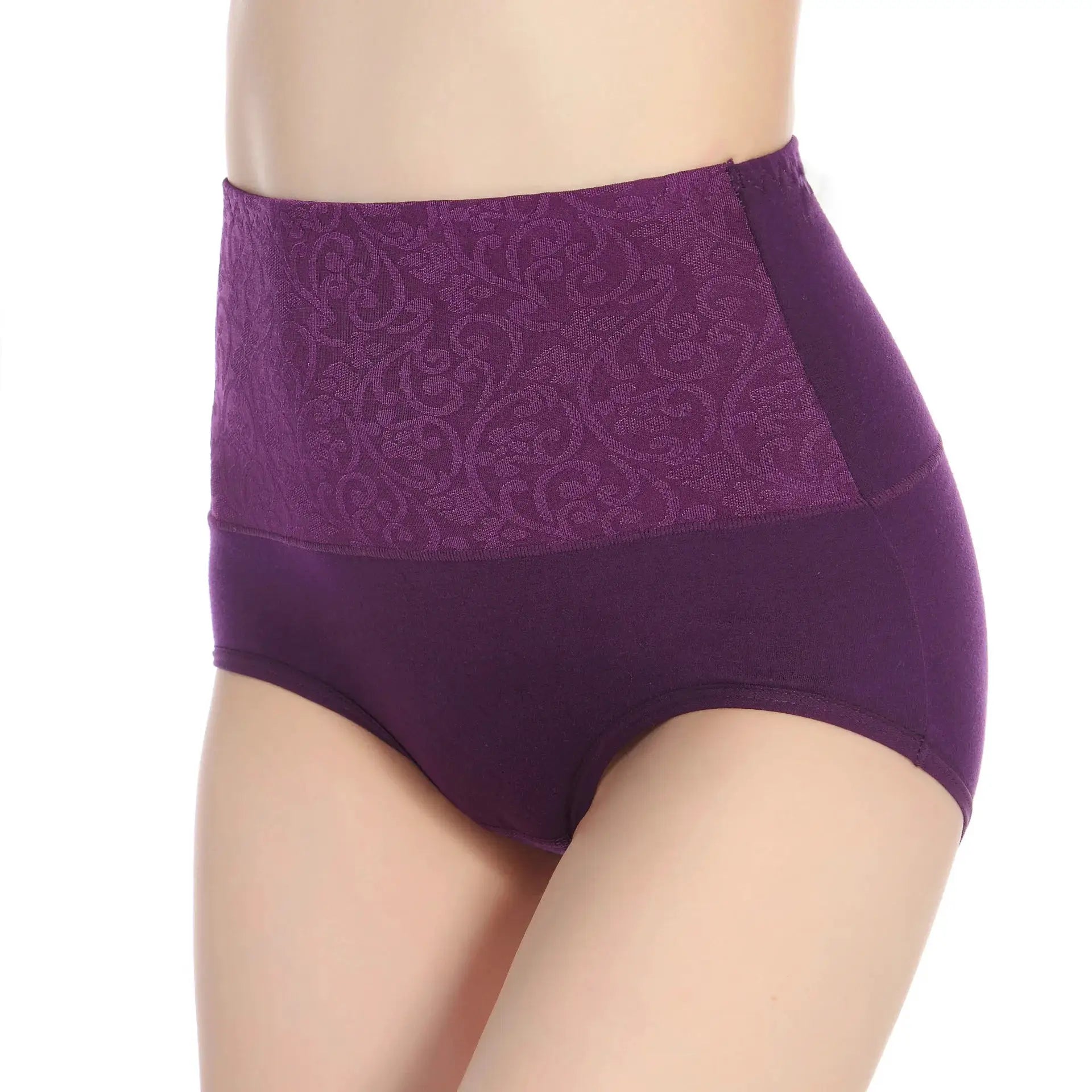 Plus-size women's high-waist cotton briefs, purple lace-pattern, Simples Market.