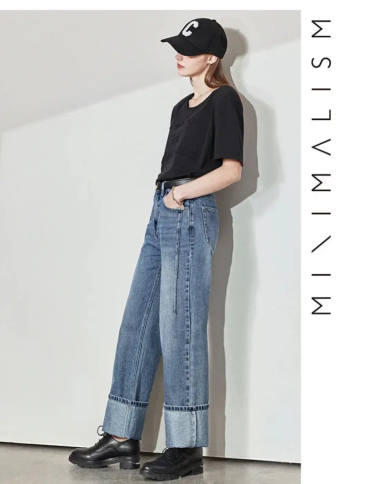 Amii Minimalism Vintage Denim Jeans Women Loose Wide Leg Autumn Pants