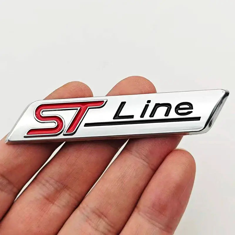 ST Line 3D metal car badge emblem with chrome-silver finish and red ST lettering