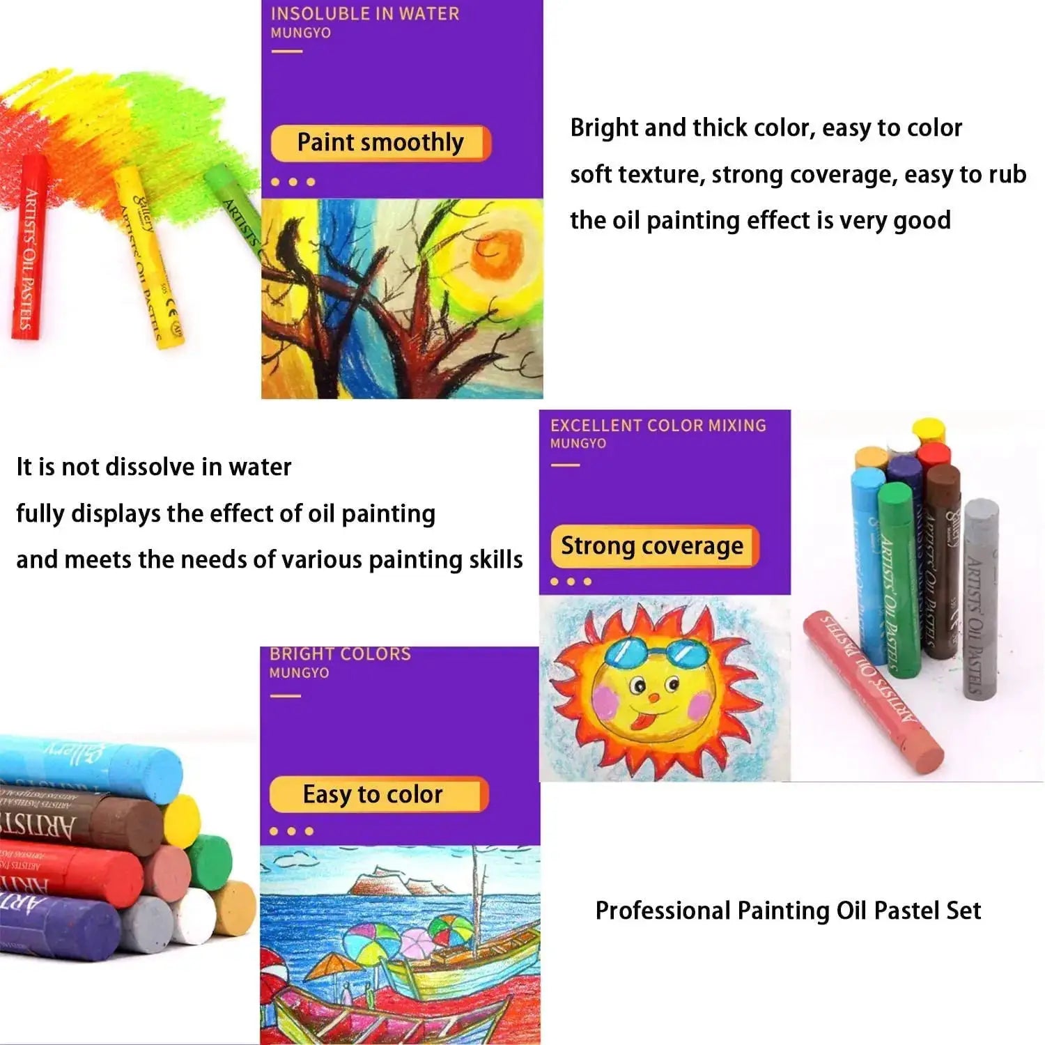 MUNGYO artist oil pastel set; assorted bright colors, non-toxic round sticks