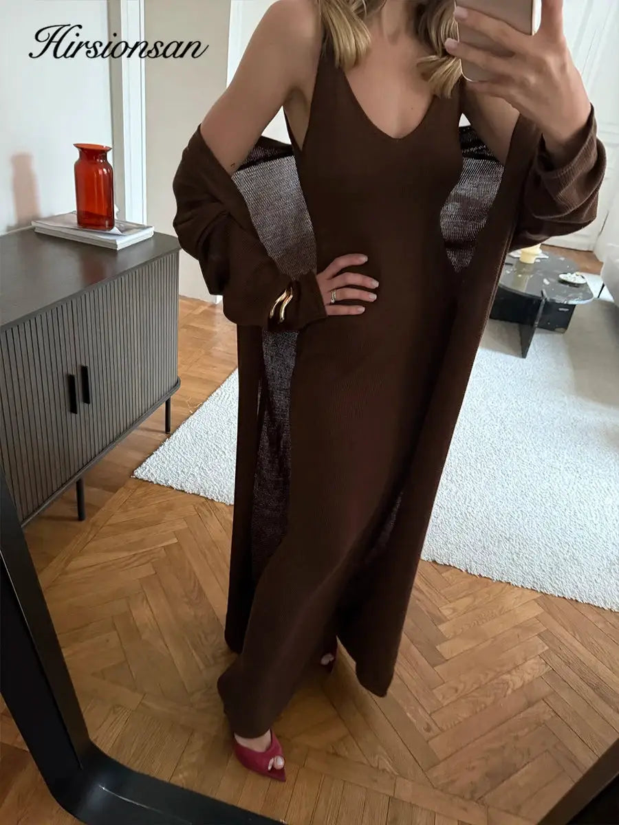 Three Piece Women Cardigan Vest Dress Set With Long Sleeve Outfit