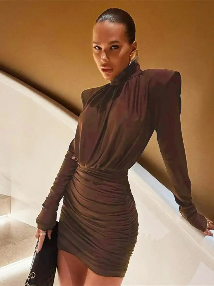 Nibber Turtleneck Dress Women Shoulder Ruched Peach Mini Bodycon