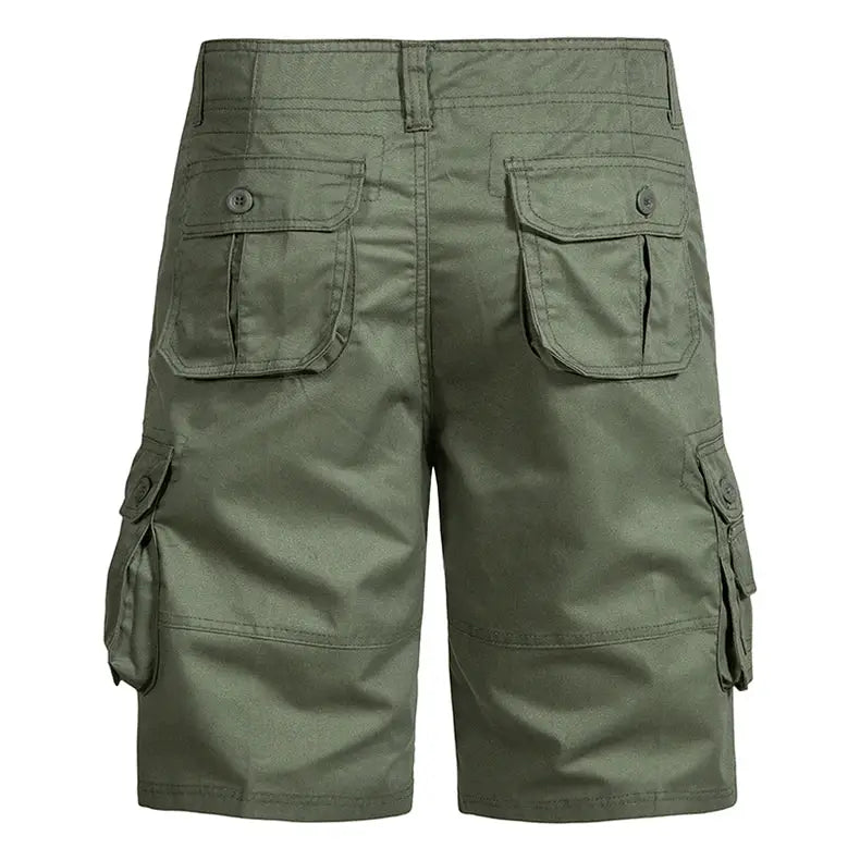 Men's olive green cargo shorts by Simples Market, loose fit with multiple pockets, cotton.
