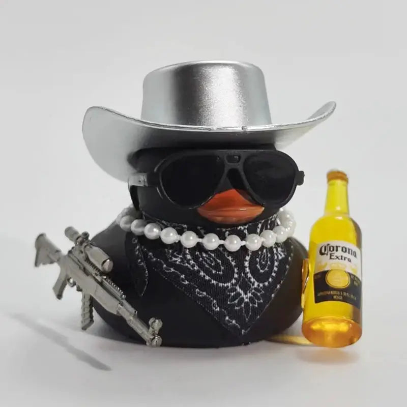 Cowboy rubber duck car ornament; two-item display with Corona bottle, silver hat, sunglasses, pearl necklace