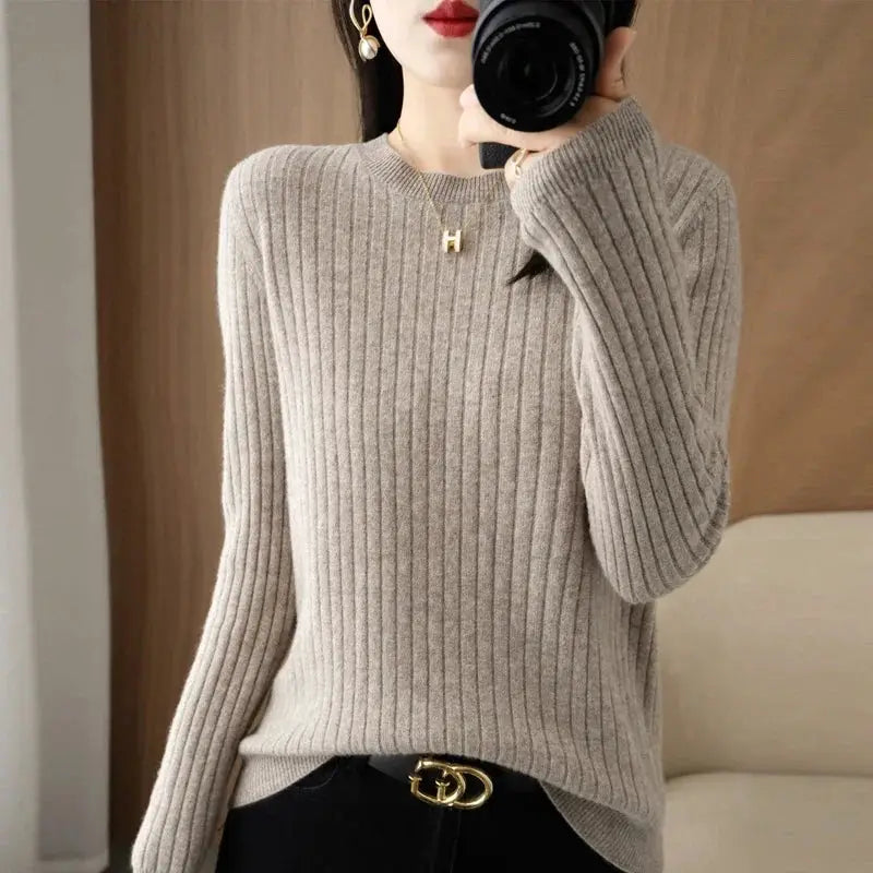 Aurora Knitwear Warm O Neck Stripe Loose Fit Sweater For Autumn Winter Layering Cozy Knit