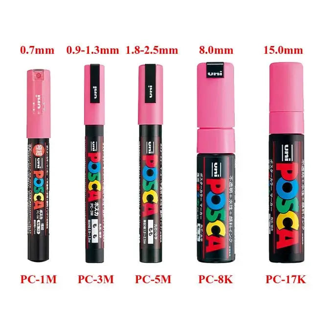 Uni Posca paint marker pens set - 5 pens (PC-1M PC-3M PC-5M PC-8K PC-17K) with pink caps