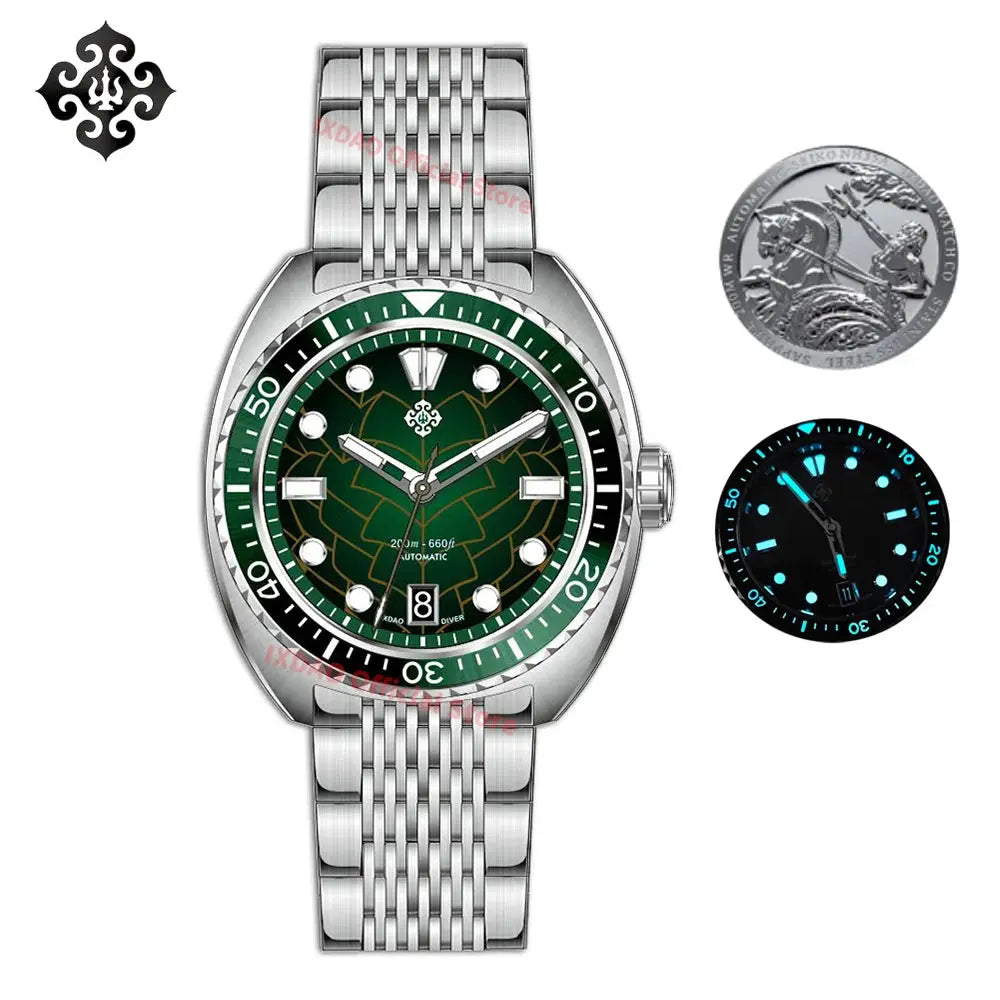 IXDAO IPOSE 2026 men's automatic diving watch with green Poseidon-pattern dial and stainless steel bracelet
