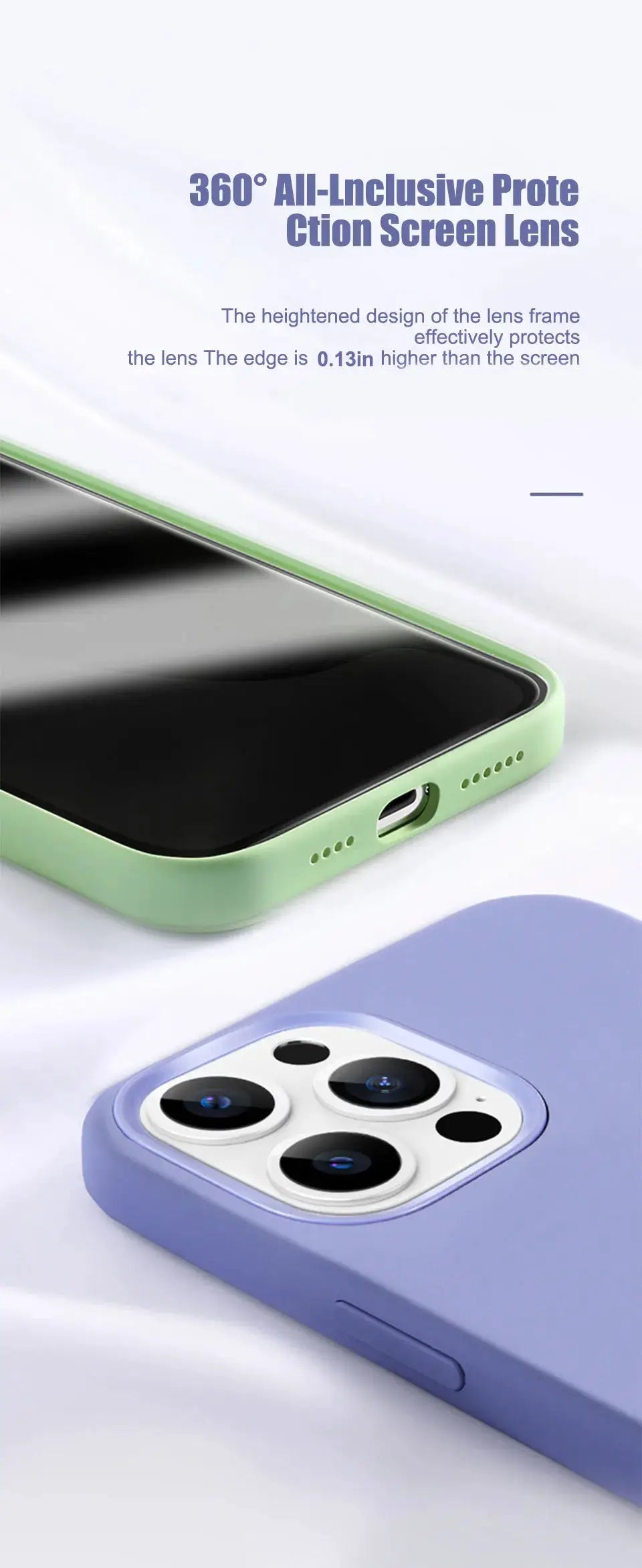 Original liquid silicone phone case for iPhone 11–16 Pro Max by Simples Market, lime green and lavender purple, 2-pack