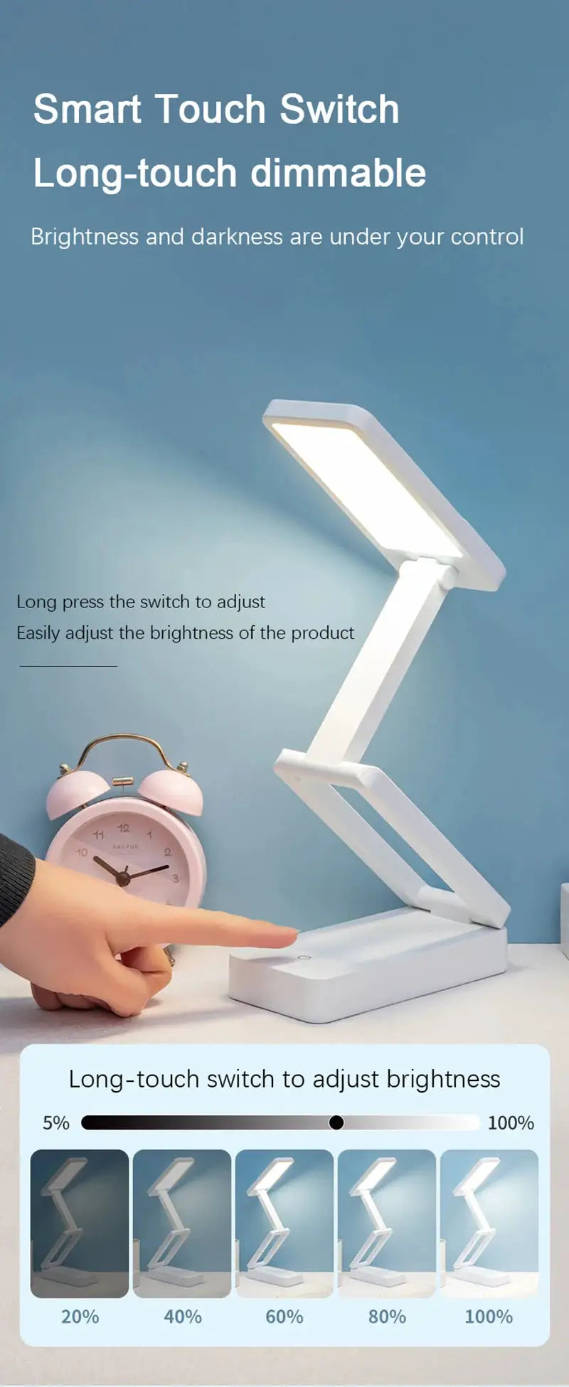 Simples Market folding LED desk lamp, white, rechargeable with eye-protective light and long-touch brightness control.