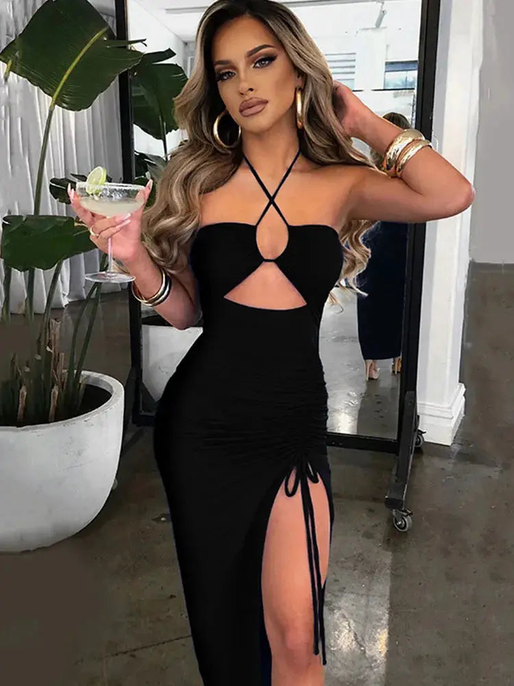 LuxeNite Sleeveless Backless Midi Dress Ultra Stretch Bodycon Silhouette For Night Club Parties