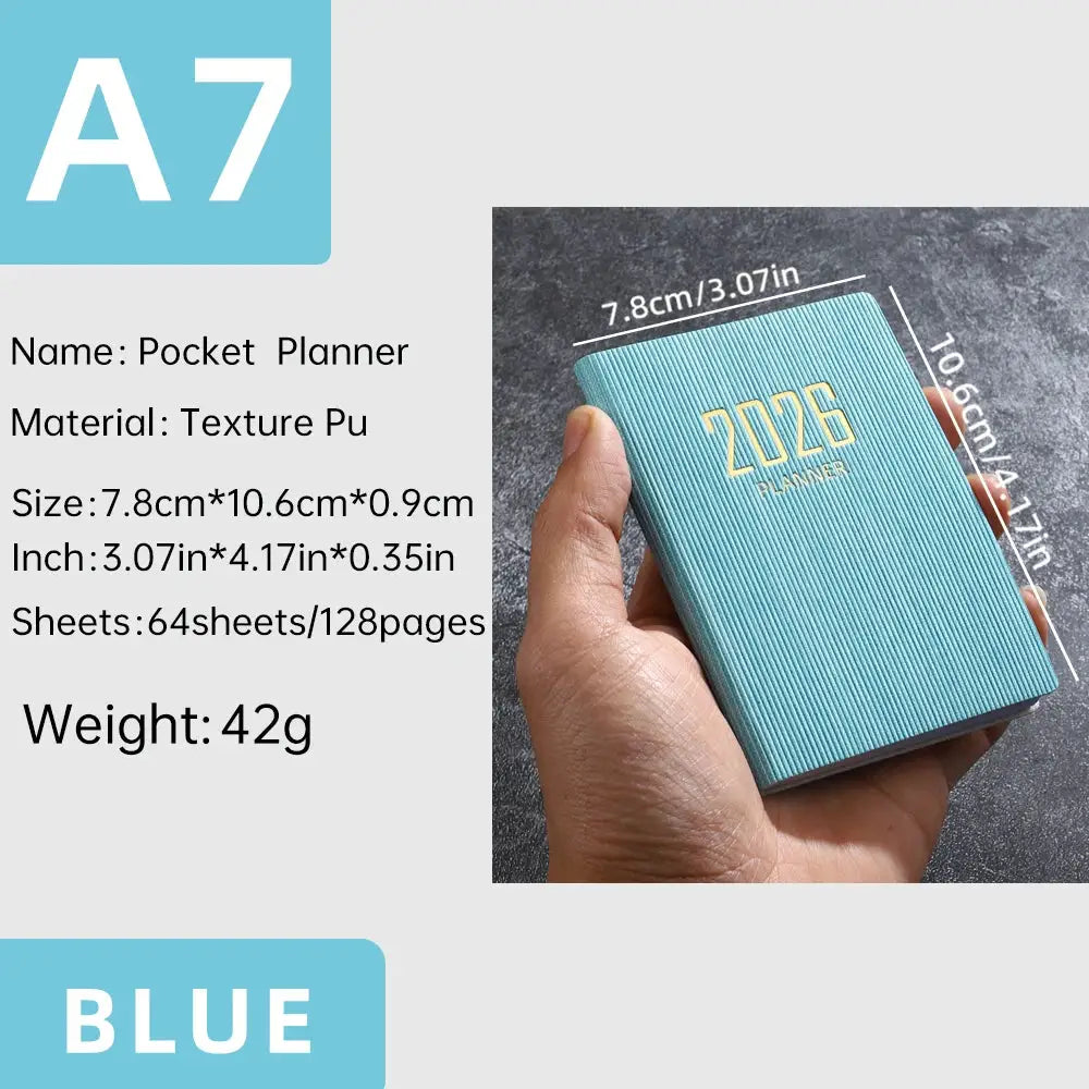 A7 pocket planner by Simples Market, blue textured PU cover, 64 sheets/128 pages weekly calendar
