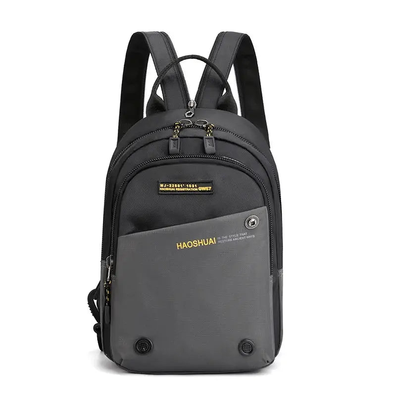 Men's small backpack with gray front pocket, black nylon body, HAOSHUAI branding
