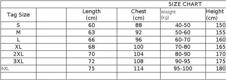 Simples Market polo shirt size chart; S-4XL with length, chest, weight, height measurements