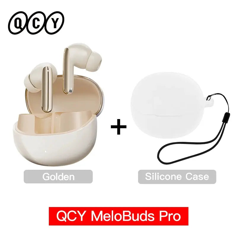 QCY MeloBuds Pro wireless earbuds in gold with charging case and white silicone case (2 items)