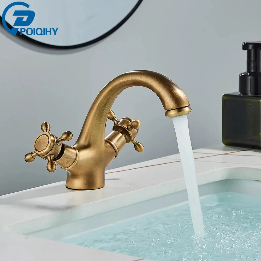 POIQIHY antique brass bathroom faucet mixer with two handles, deck-mounted hot and cold water