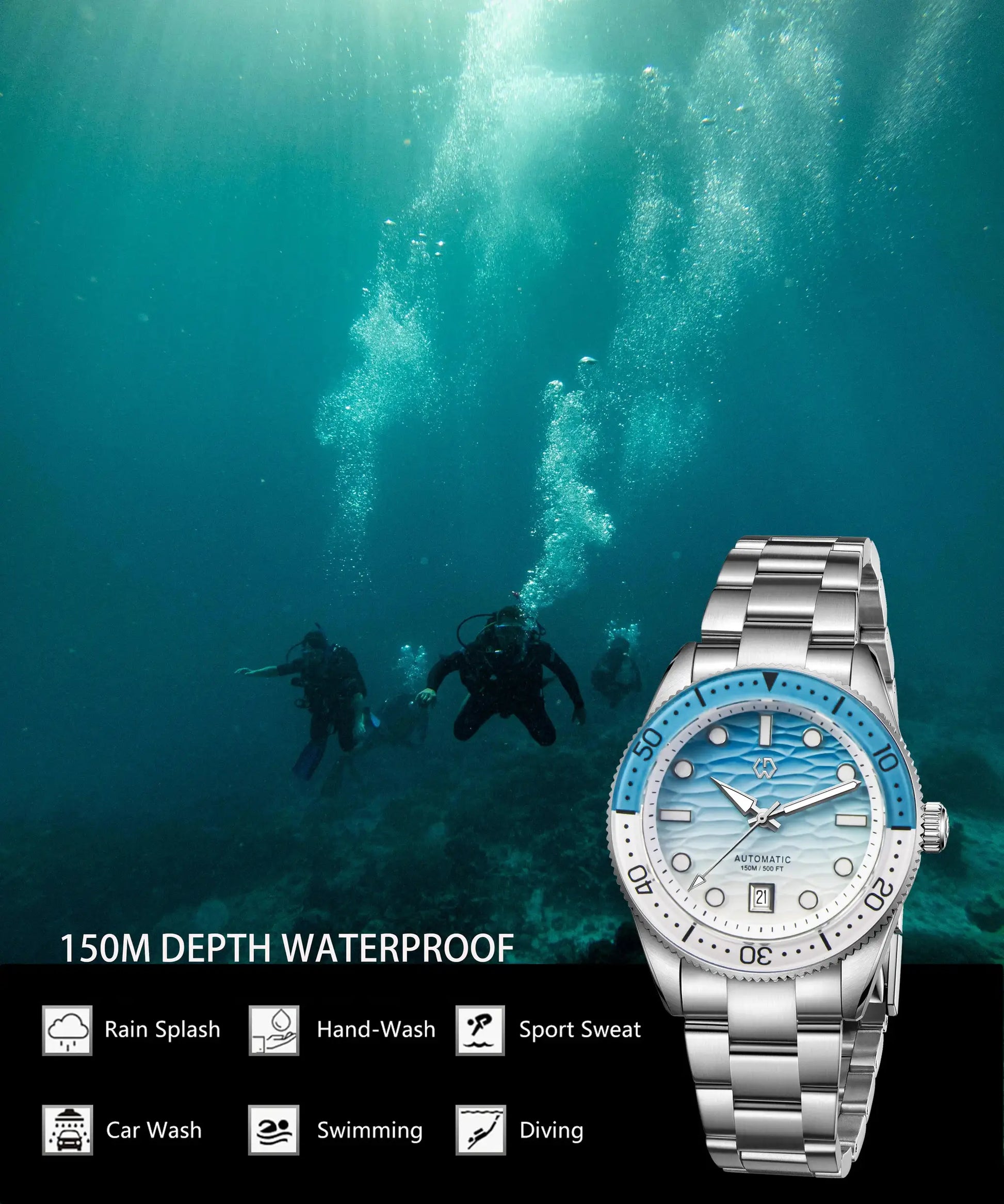 WISHDOIT men's automatic dive watch with ocean blue and white ripple dial, stainless steel bracelet, Simples Market