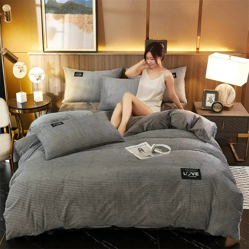 3pc gray striped flano coral fleece duvet cover bedding set with pillowcases