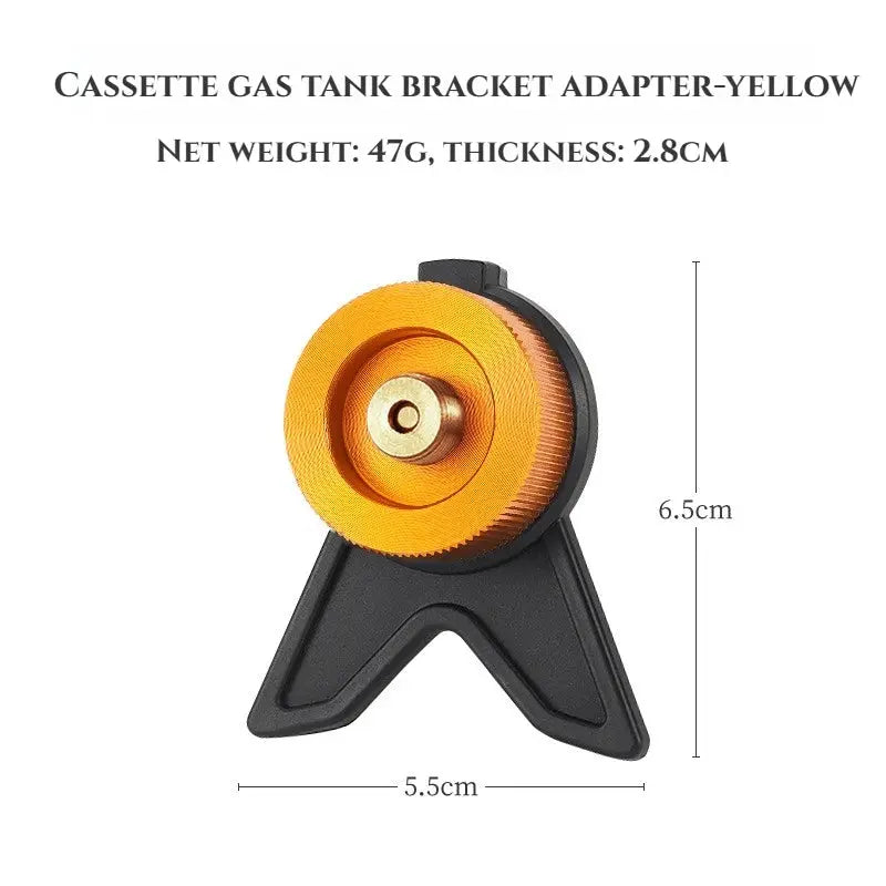 Butane adapter with yellow bracket for camping stoves; outdoor gas conversion joint