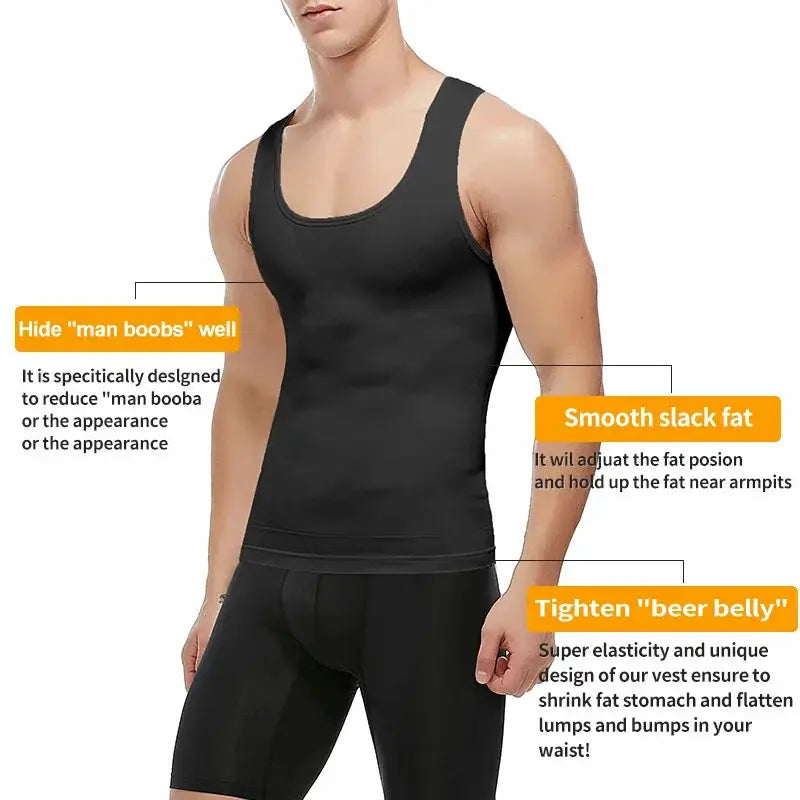 Mens slimming body shaper tank top by Simples Market, black compression shirt for abs and gynecomastia support