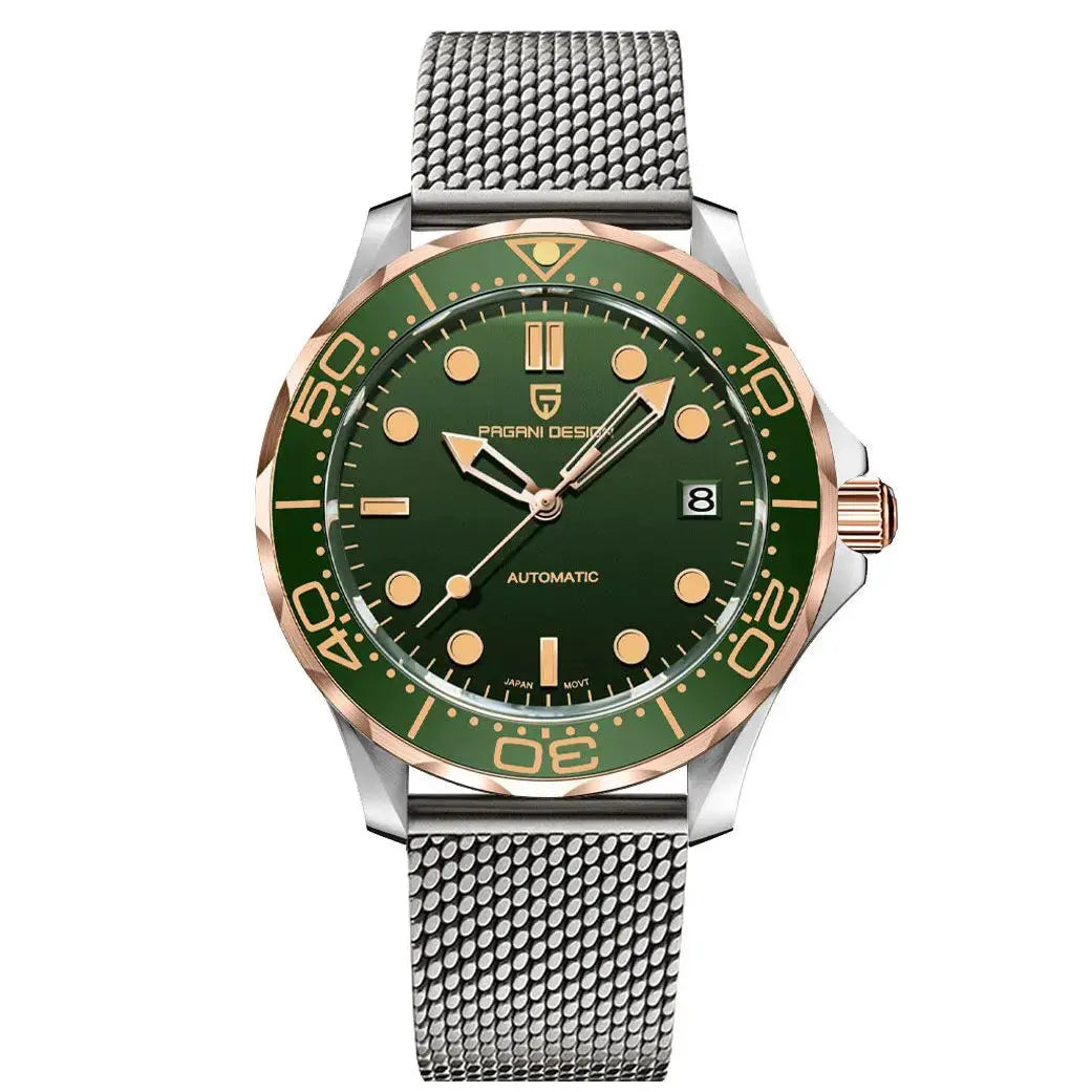 Pagani Design 007 men's automatic watch with green dial, rose-gold bezel, stainless steel mesh band, luminous markers