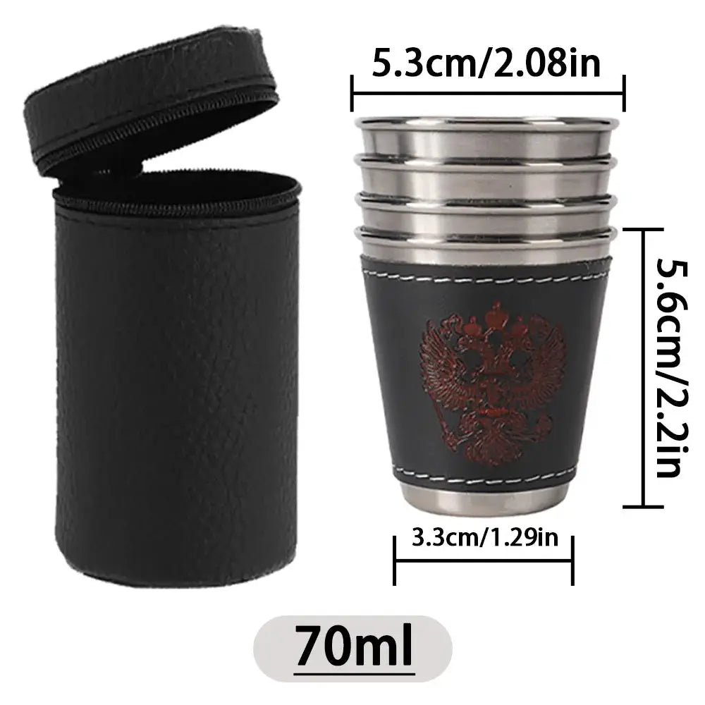 4-piece travel cups set by Simples Market, stainless steel with black PU leather sleeve, 70ml capacity