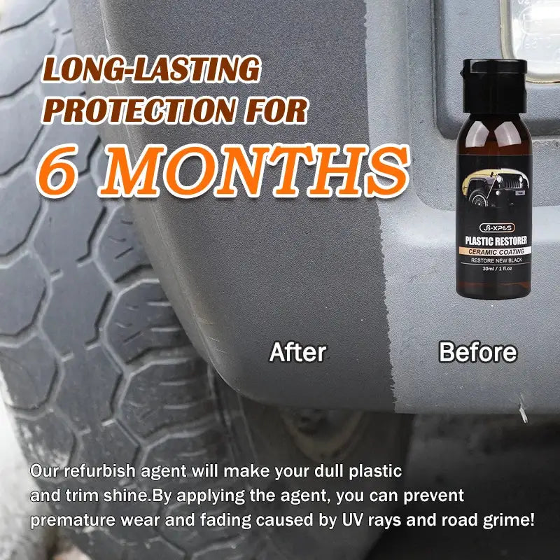Car plastic restorer ceramic coating by Simples Market; brown bottle beside a car bumper