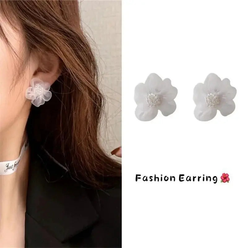 Flower earrings, white enamel petals, two-piece set for women