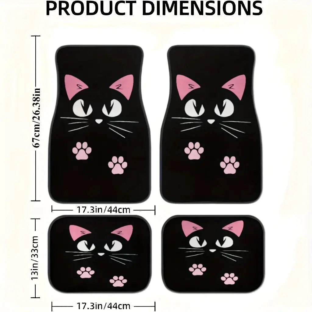 Simples Market 4-piece car anti-skid floor mats, black with pink cartoon cat faces and paw prints for front and rear.