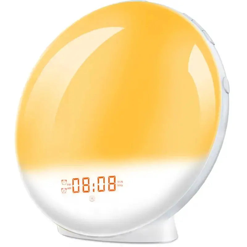 Sunrise alarm clock by Simples Market with sunset simulation, yellow glow, digital time display