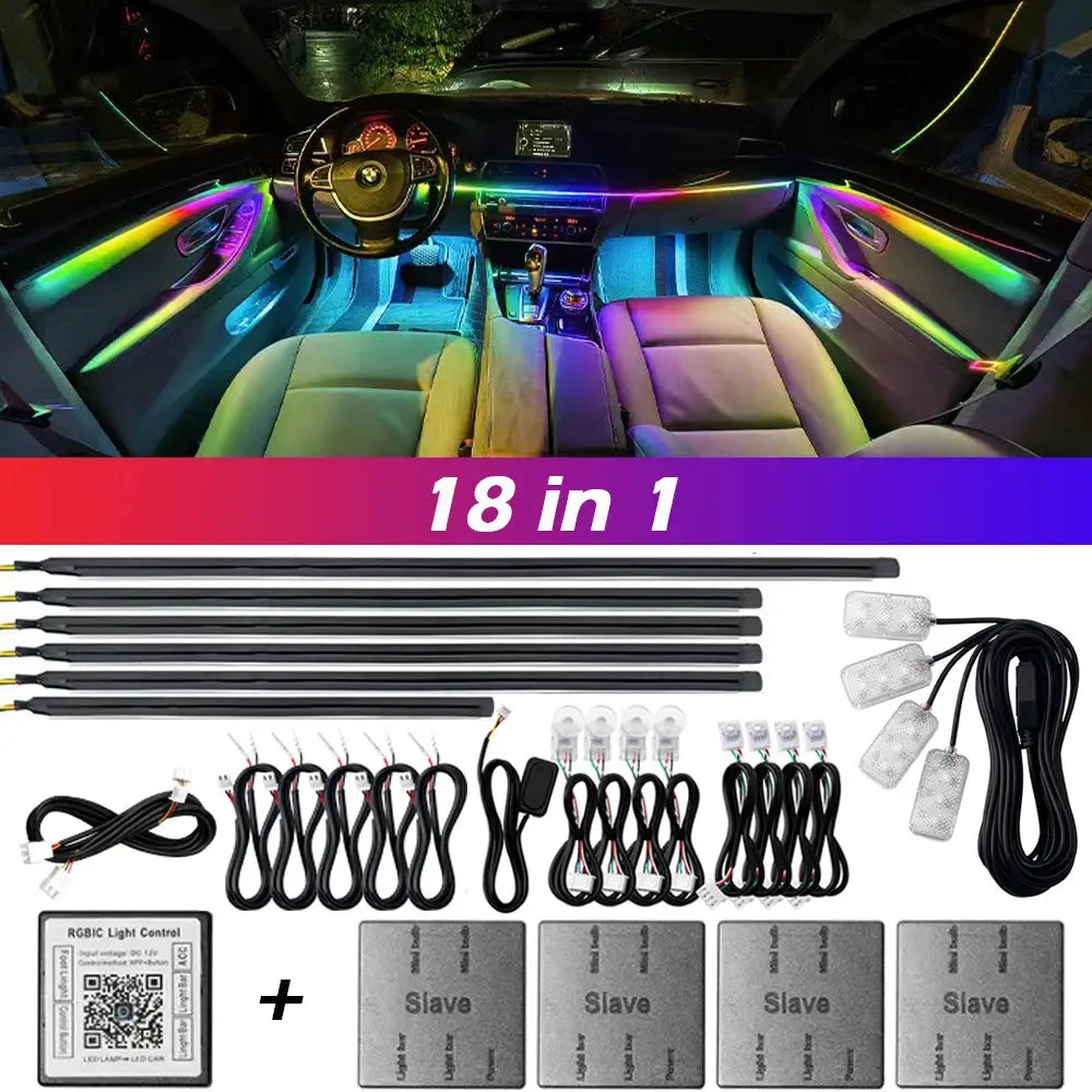 18 In 1 Dual Zone Car Ambient Lights RGB LED Interior Neon Acrylic Strip Atmosphere Lighting Kit App Control