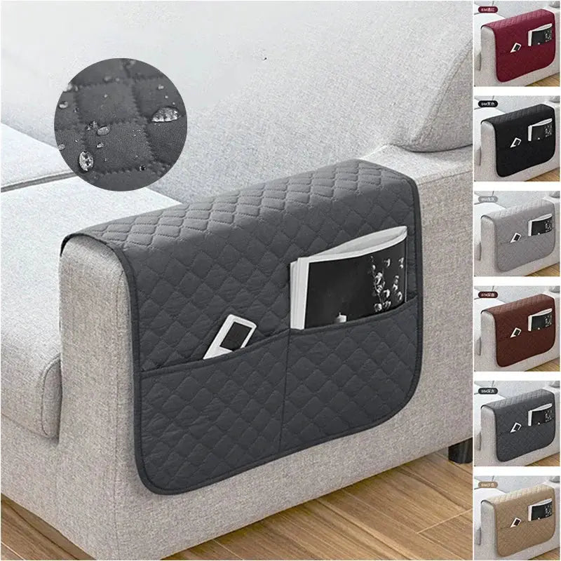 Quilted sofa armrest cover with built-in pockets in gray; water-repellent slipcover for remote and phone.