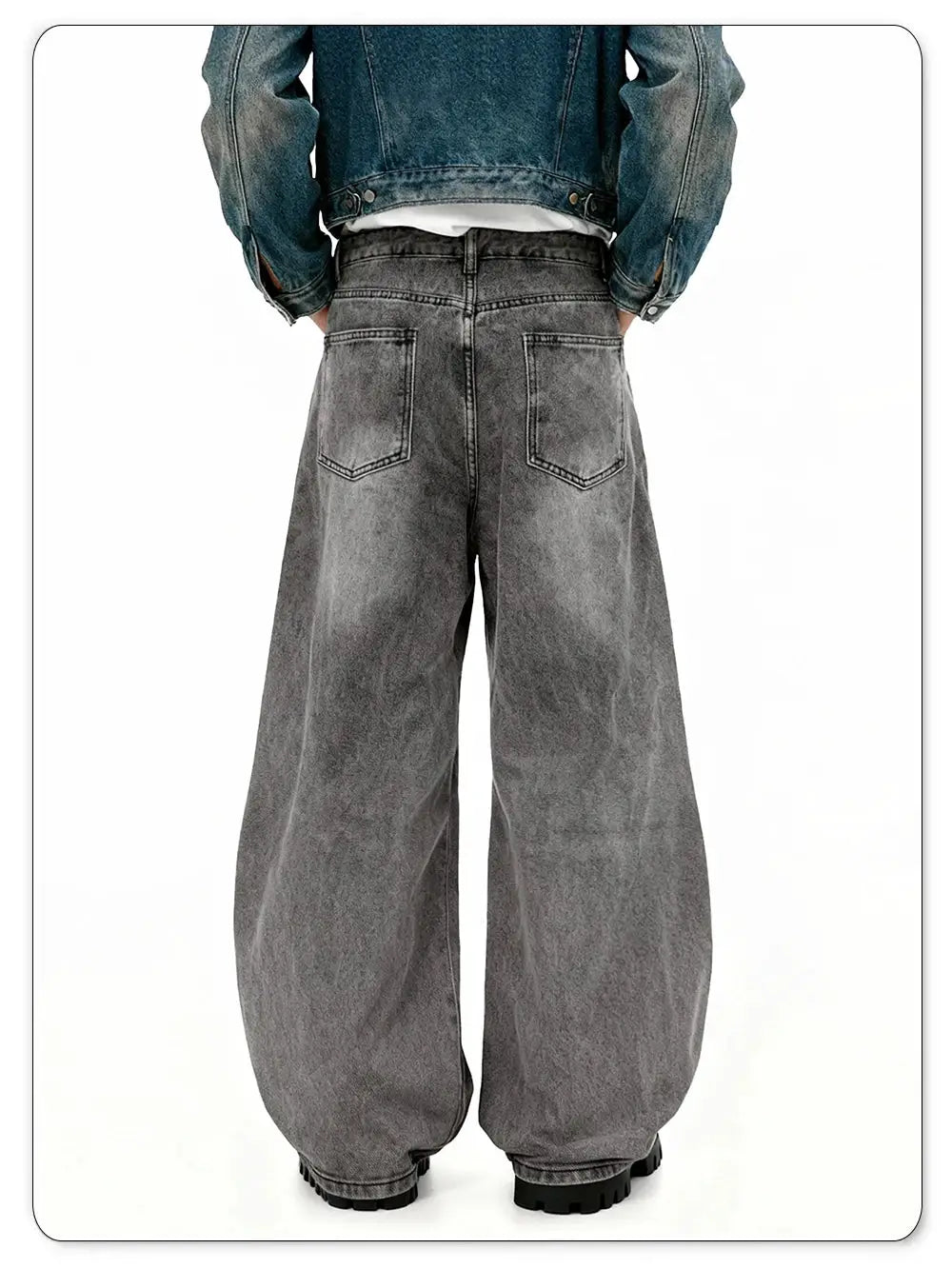 Men's retro baggy wide-leg gray denim jeans, back view with washed texture, streetwear casual style