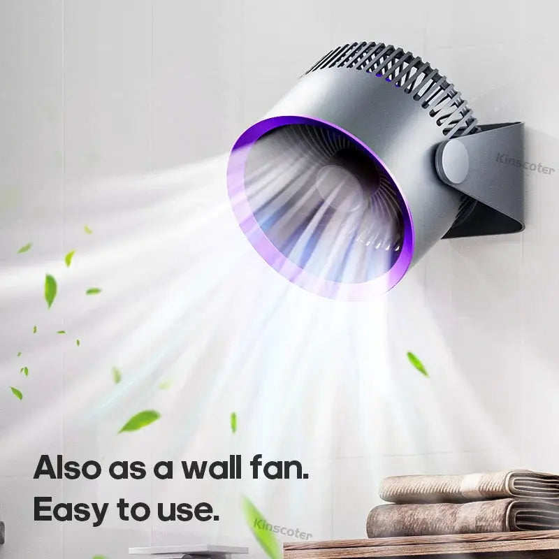 Kinscoter wall-mountable multifunctional electric fan circulator with purple ring and silver body