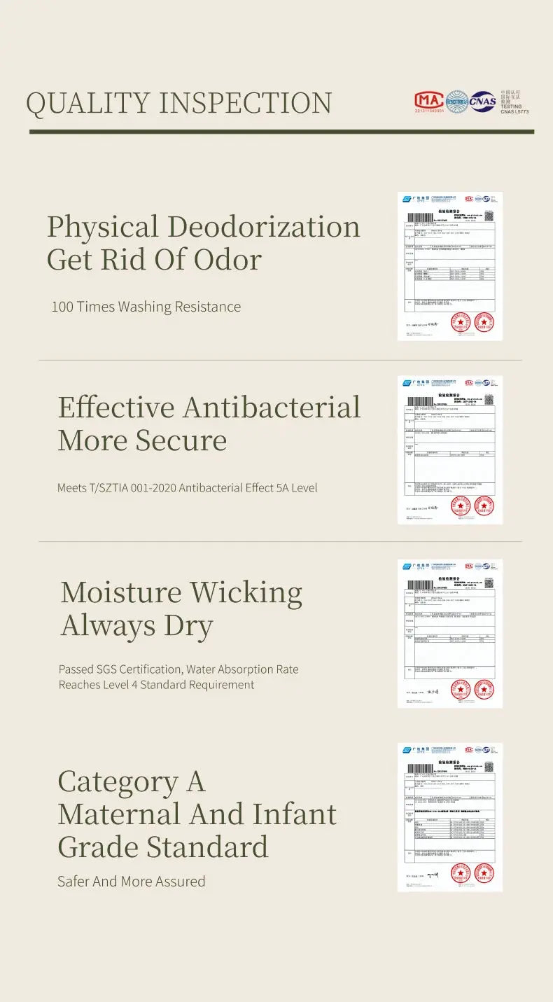 Quality inspection certificate page with odor control, antibacterial, moisture-wicking, and maternal-infant standards.
