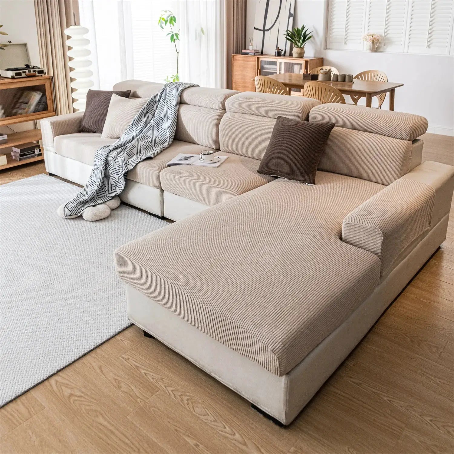 Thick Stripe Jacquard Sofa Seat Cushion Cover, beige stretch fabric; removable and washable