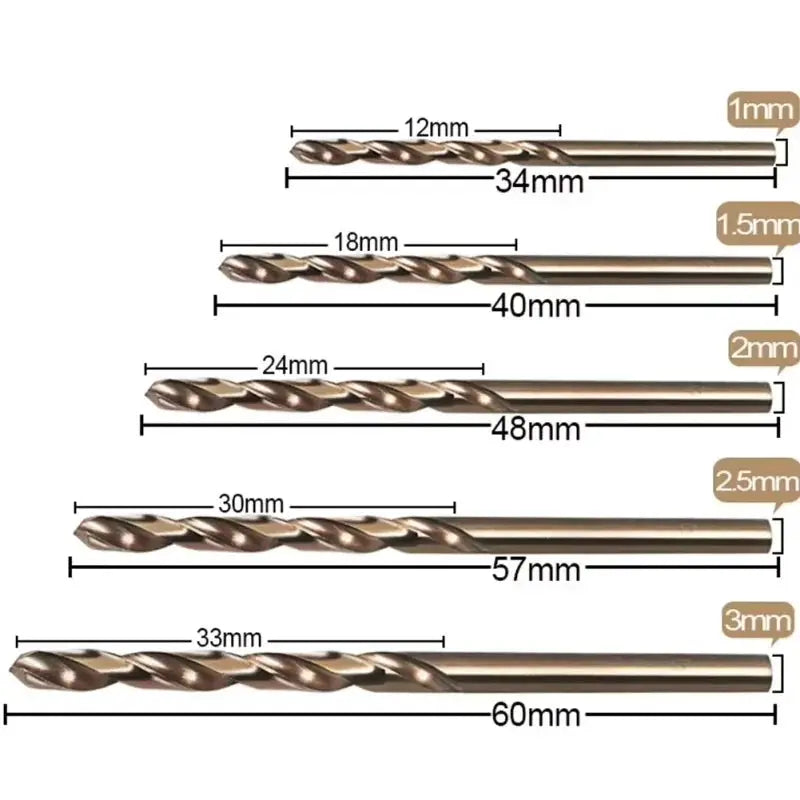 10 Piece Set HSS M35 Cobalt Drill Bits 1 To 3 Mm For Metal And Stainless Steel High Speed Coated Bits