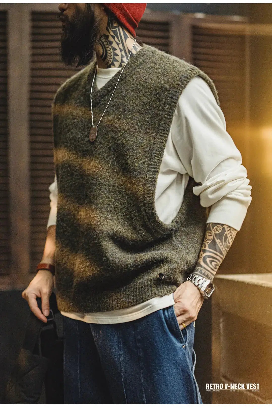 Maden retro wool-blend knitted V-neck vest; dark heathered olive-brown stripe, sleeveless layering waistcoat.