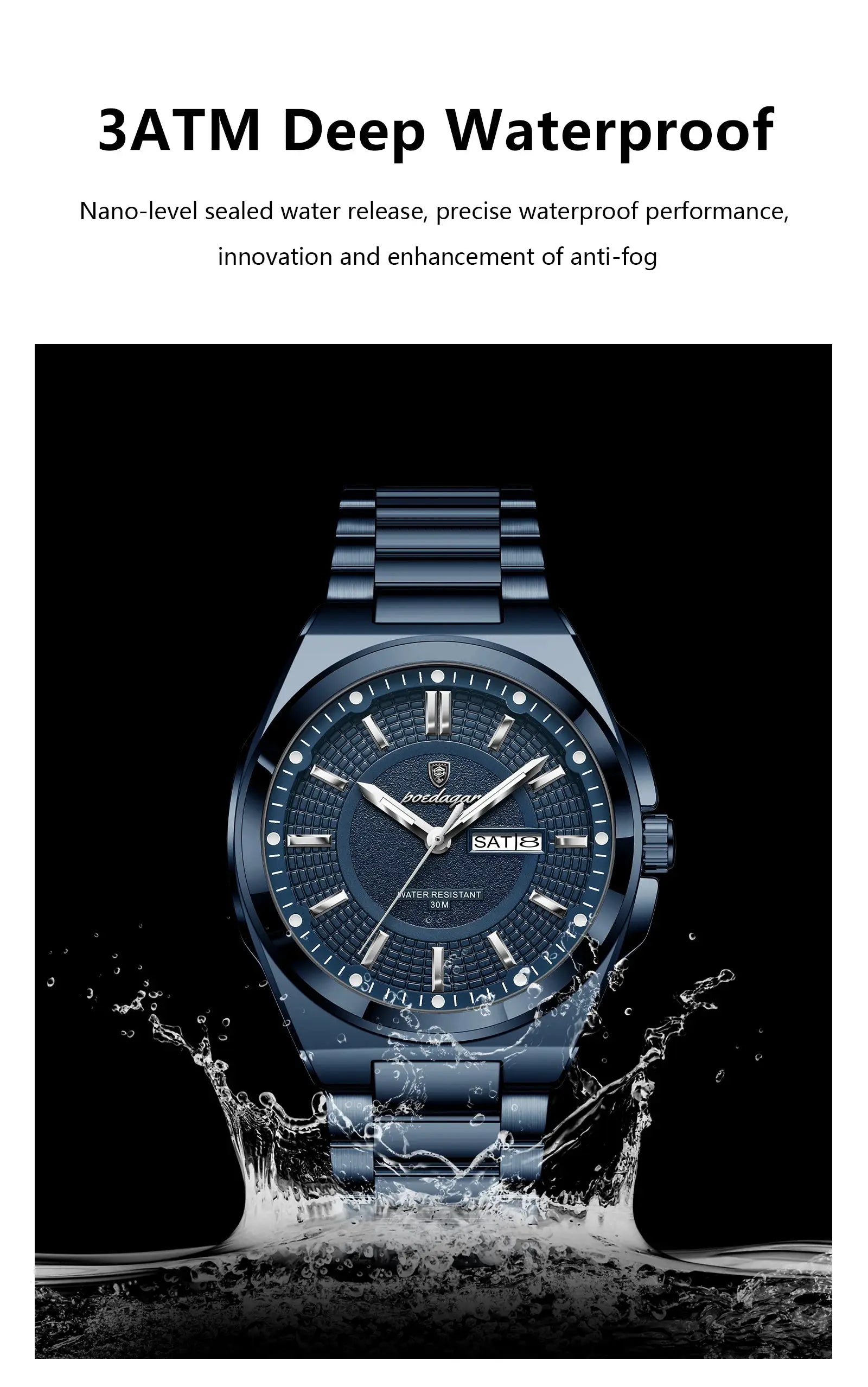 POEDAGAR blue stainless steel men's sport wristwatch with date display and 30m water resistance