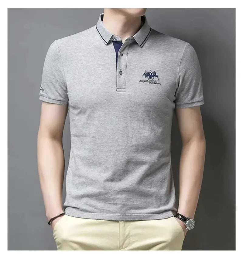 Men's gray embroidered polo shirt, short sleeves, lightweight breathable fabric