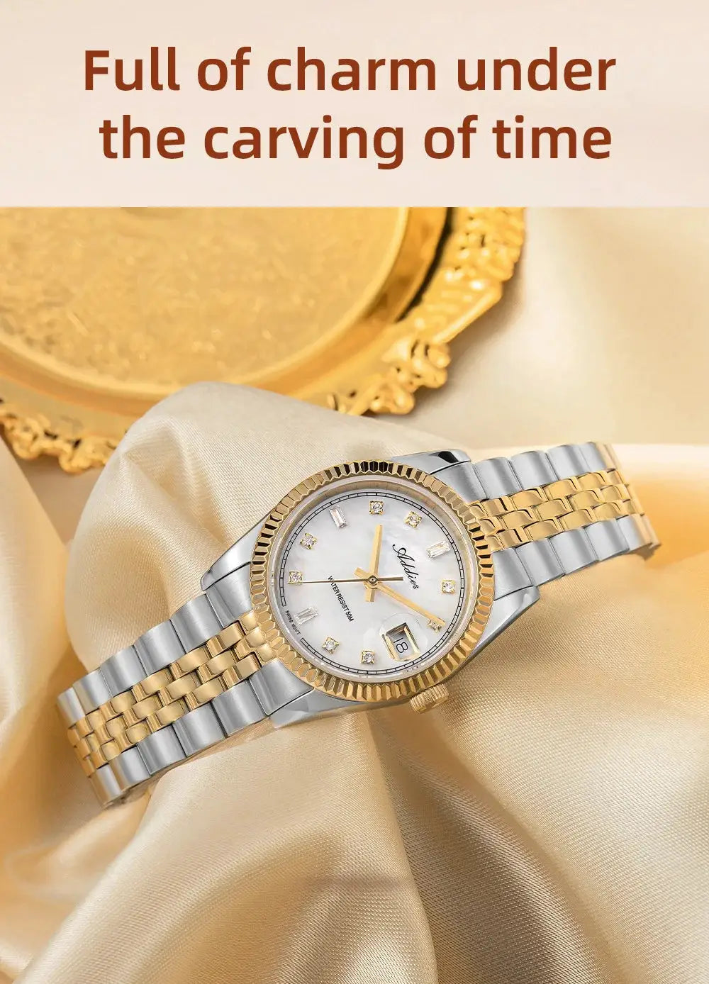 Addies two-tone luxury women's stainless steel wristwatch with gold bezel and diamond markers