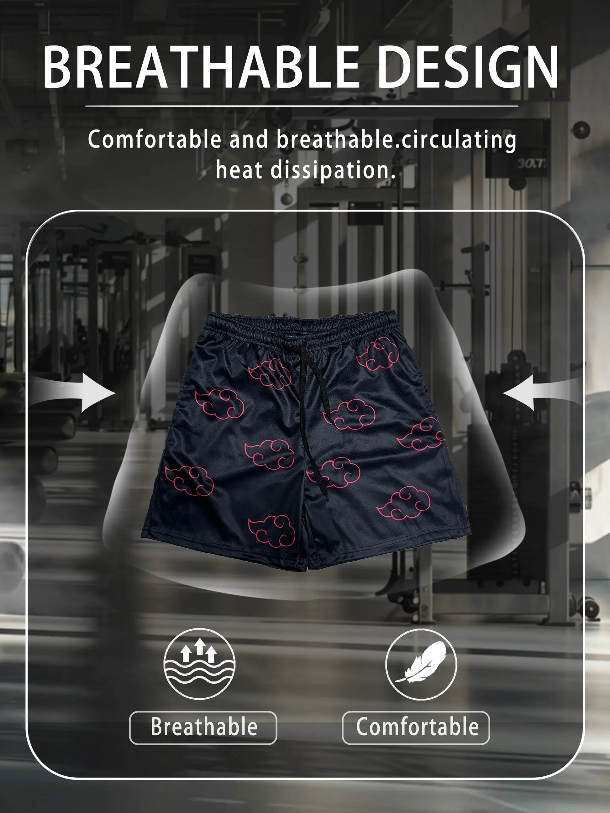 Simples Market men's anime running shorts, navy with pink cloud pattern, quick-dry fabric