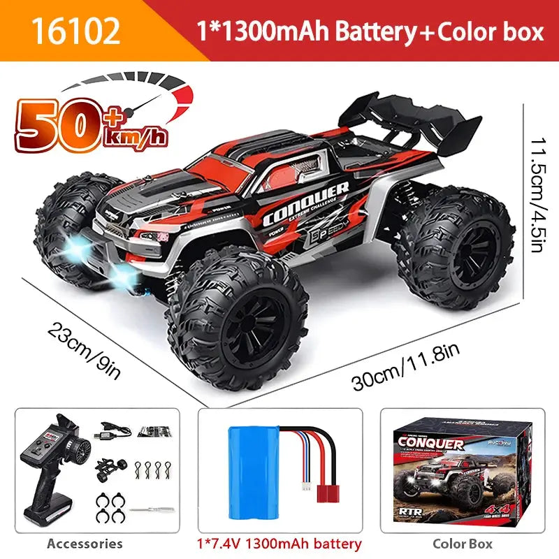 One Sixteenth Scale 4WD RC Monster Truck With LED Lights High Speed Drift 70KMH Or 50KMH Remote Control