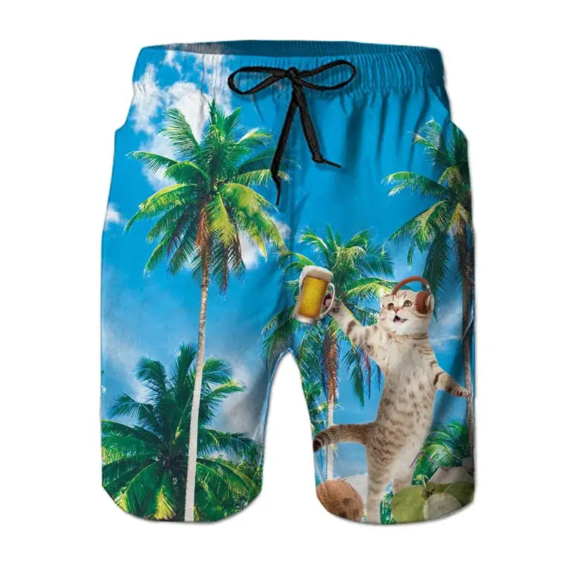 Men's beach shorts with 3D tropical cat print, palm trees and beer mug on blue background