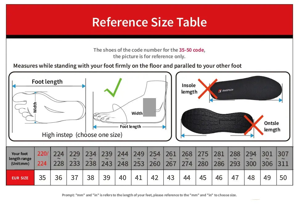 Men's running shoes size chart showing foot length, width, and EU sizes 35–50.